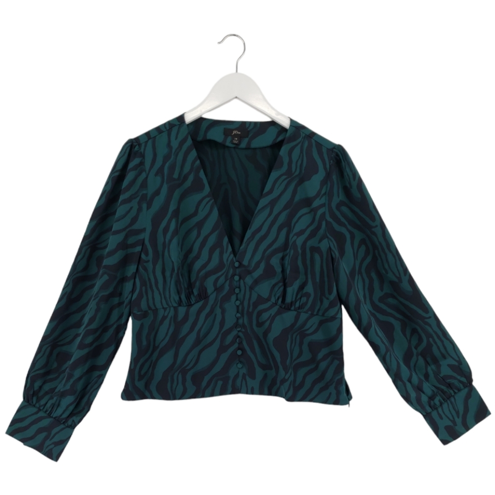 J. Crew Zebra Long Sleeve Deep V Neck Blouse Size 14 Black/Green AG579
